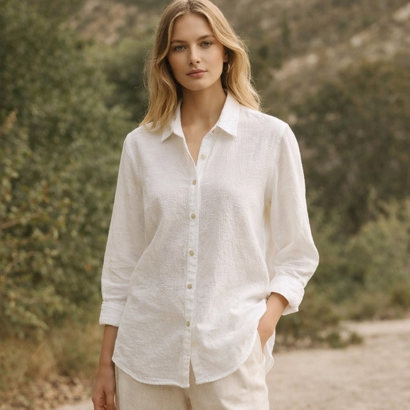 Lola River Tops - Lola River White Gauzy Seesucker Cotton Button-Down Shirt Women's Size L